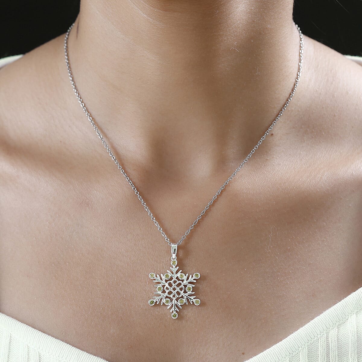 Simulated Peridot Color Diamond Snowflake Pendant in Sterling Silver with Stainless Steel Necklace 20 Inches 0.75 ctw image number 2
