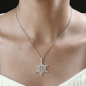 Simulated Peridot Color Diamond Snowflake Pendant in Sterling Silver with Stainless Steel Necklace 20 Inches 0.75 ctw