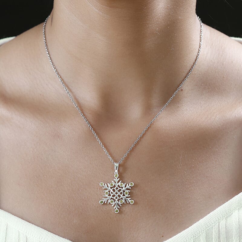 Simulated Peridot Color Diamond Snowflake Pendant in Sterling Silver with Stainless Steel Necklace 20 Inches 0.75 ctw