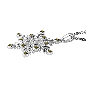 Simulated Peridot Color Diamond Snowflake Pendant in Sterling Silver with Stainless Steel Necklace 20 Inches 0.75 ctw