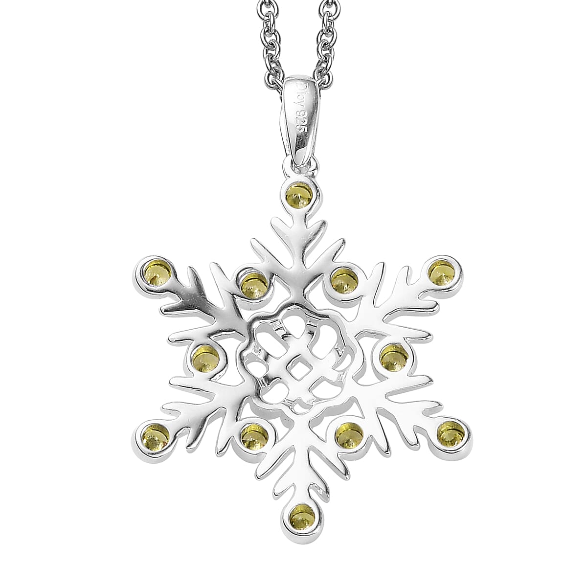 Simulated Peridot Color Diamond Snowflake Pendant in Sterling Silver with Stainless Steel Necklace 20 Inches 0.75 ctw image number 4
