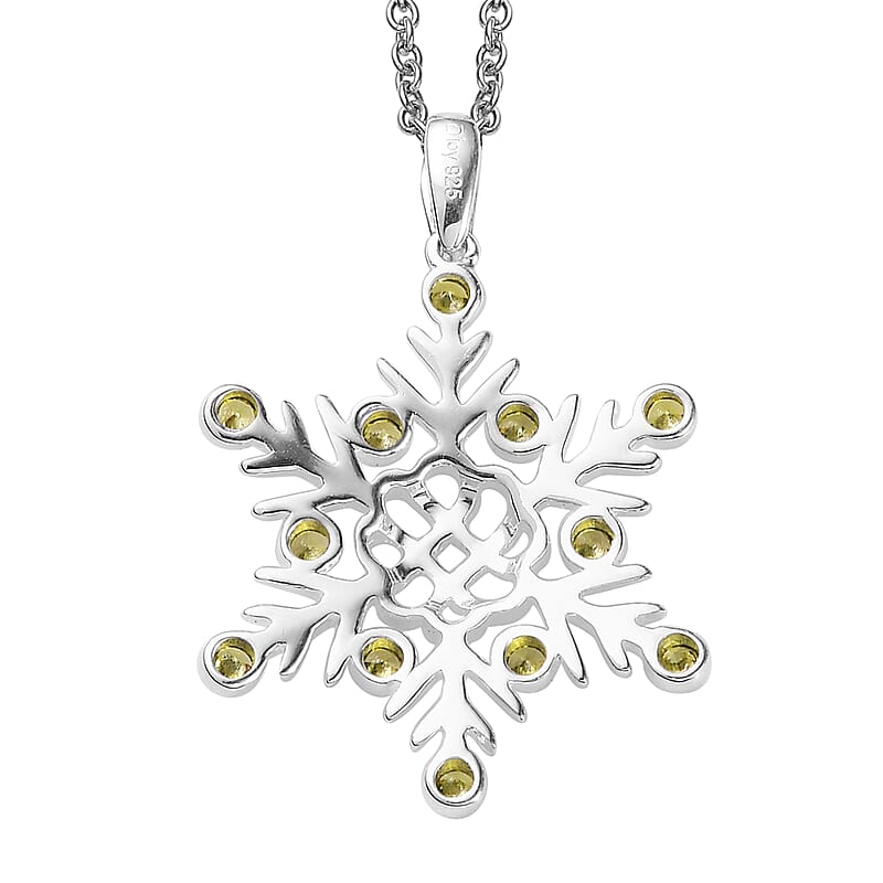 Simulated Peridot Color Diamond Snowflake Pendant in Sterling Silver with Stainless Steel Necklace 20 Inches 0.75 ctw