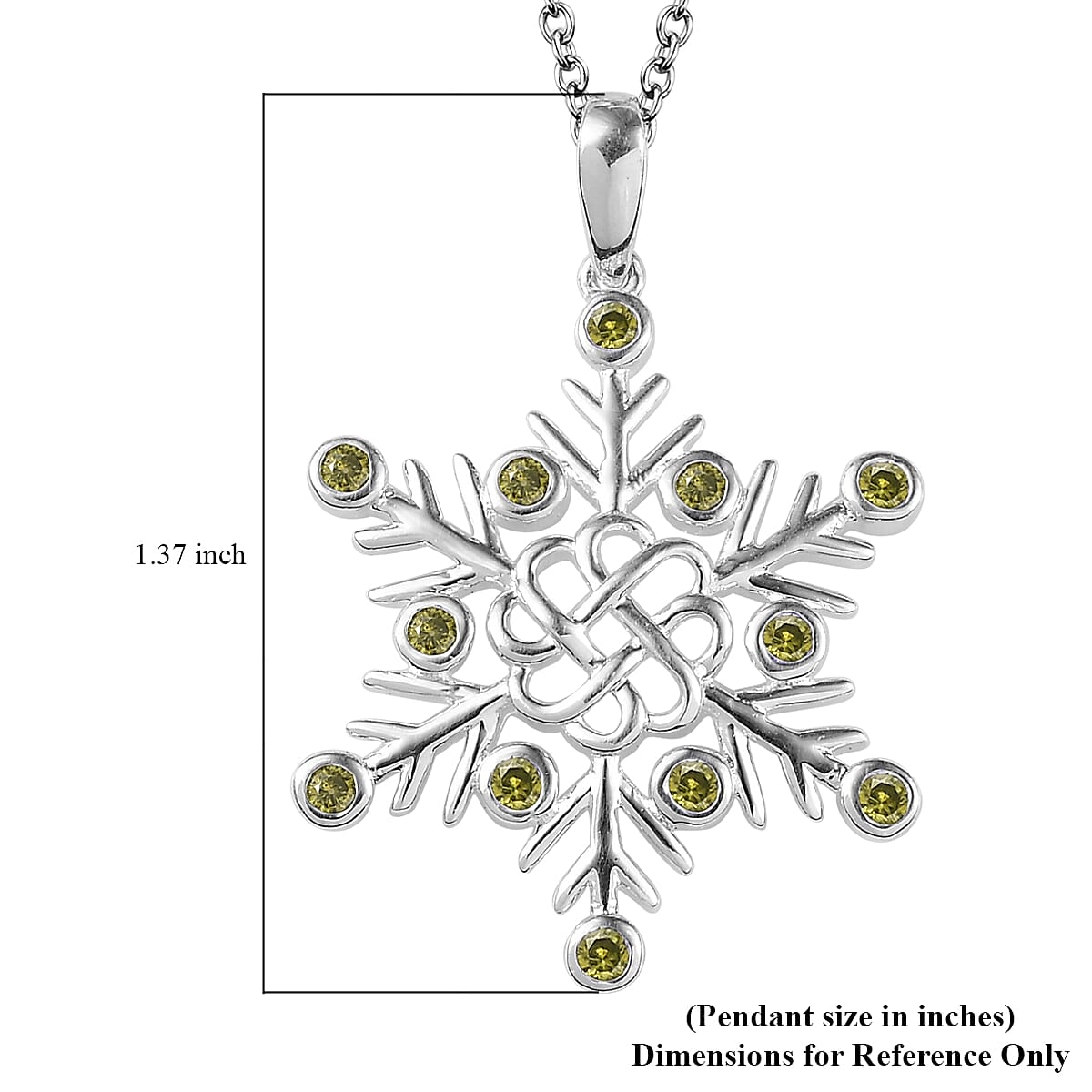 Simulated Peridot Color Diamond Snowflake Pendant in Sterling Silver with Stainless Steel Necklace 20 Inches 0.75 ctw image number 5