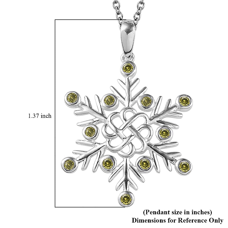 Simulated Peridot Color Diamond Snowflake Pendant in Sterling Silver with Stainless Steel Necklace 20 Inches 0.75 ctw