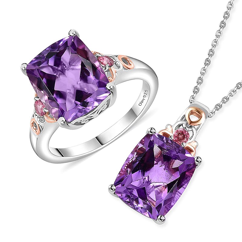 Premium Rose De France Amethyst, Morro Redondo Pink Tourmaline Ring (Size 6.0), Pendant Necklace 20 Inches in Vermeil RG and Platinum Over Sterling Silver 11.00 ctw
