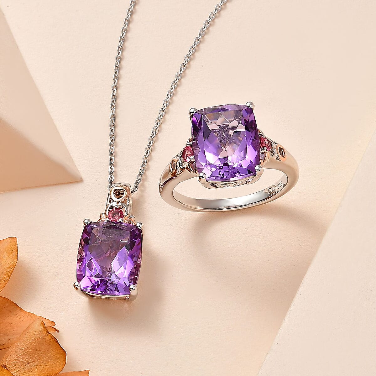 Premium Rose De France Amethyst, Morro Redondo Pink Tourmaline Ring (Size 6.0), Pendant Necklace (20 Inches) in Vermeil RG and Platinum Over Sterling Silver 11.00 ctw image number 1