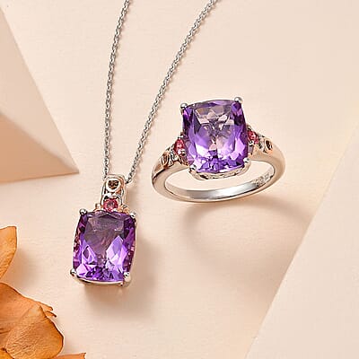 Premium Rose De France Amethyst, Morro Redondo Pink Tourmaline Ring (Size 6.0), Pendant Necklace 20 Inches in Vermeil RG and Platinum Over Sterling Silver 11.00 ctw