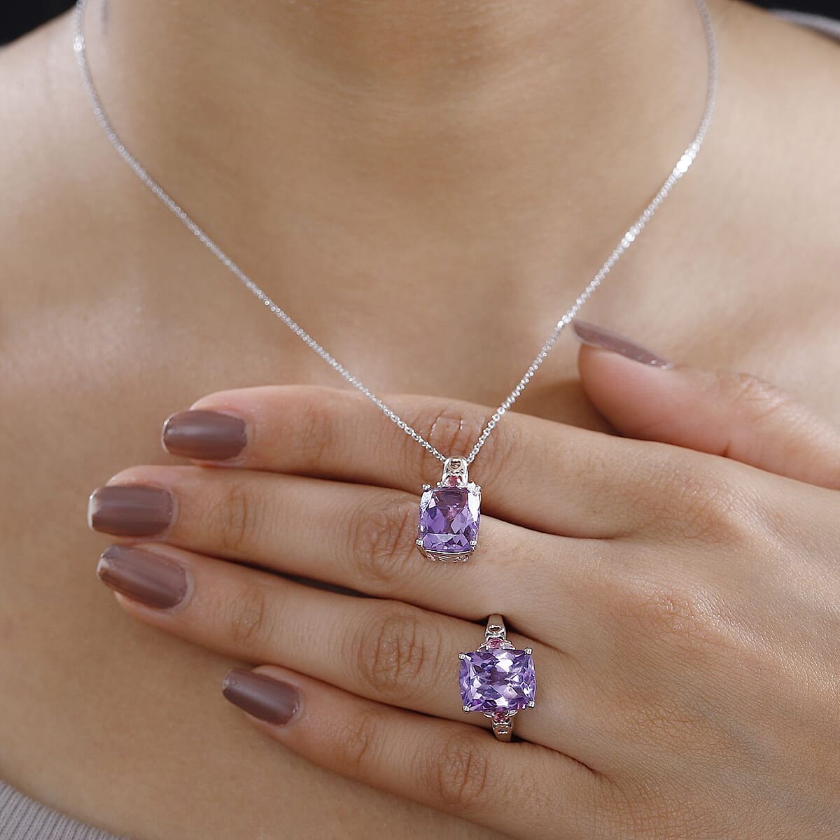 Premium Rose De France Amethyst, Morro Redondo Pink Tourmaline Ring (Size 6.0), Pendant Necklace (20 Inches) in Vermeil RG and Platinum Over Sterling Silver 11.00 ctw image number 2
