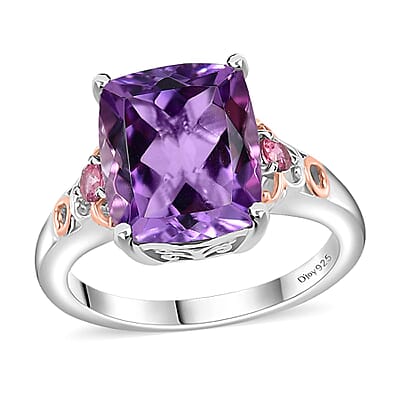 Premium Rose De France Amethyst, Morro Redondo Pink Tourmaline Ring (Size 6.0), Pendant Necklace 20 Inches in Vermeil RG and Platinum Over Sterling Silver 11.00 ctw