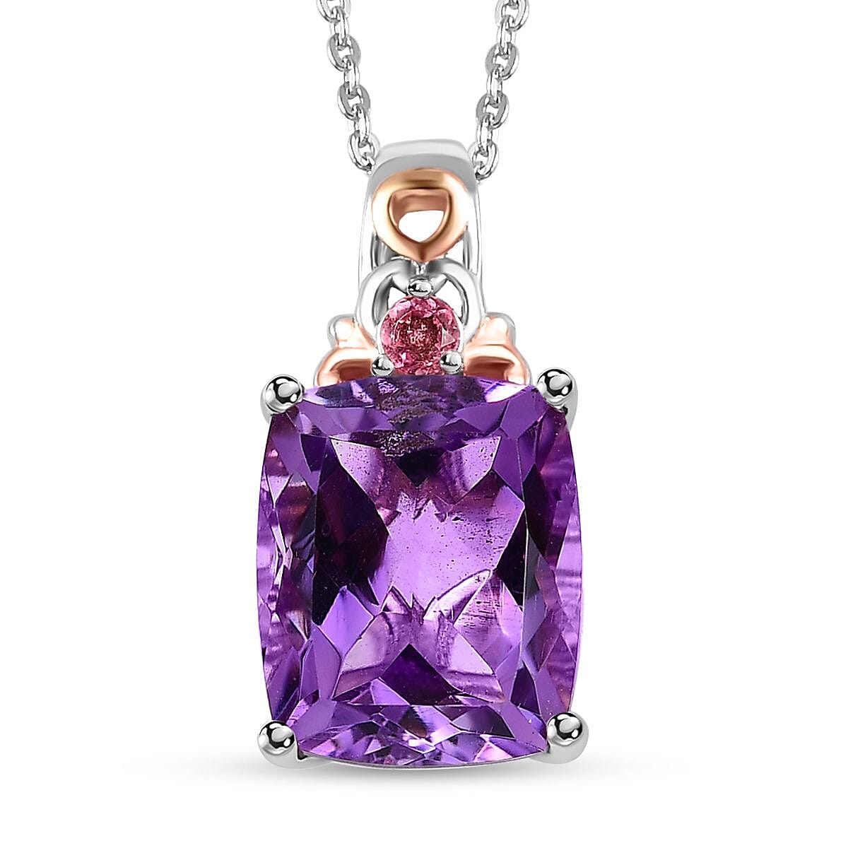 Premium Rose De France Amethyst, Morro Redondo Pink Tourmaline Ring (Size 6.0), Pendant Necklace 20 Inches in Vermeil RG and Platinum Over Sterling Silver 11.00 ctw