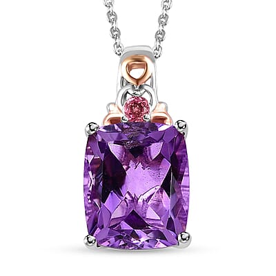 Premium Rose De France Amethyst, Morro Redondo Pink Tourmaline Ring (Size 6.0), Pendant Necklace 20 Inches in Vermeil RG and Platinum Over Sterling Silver 11.00 ctw