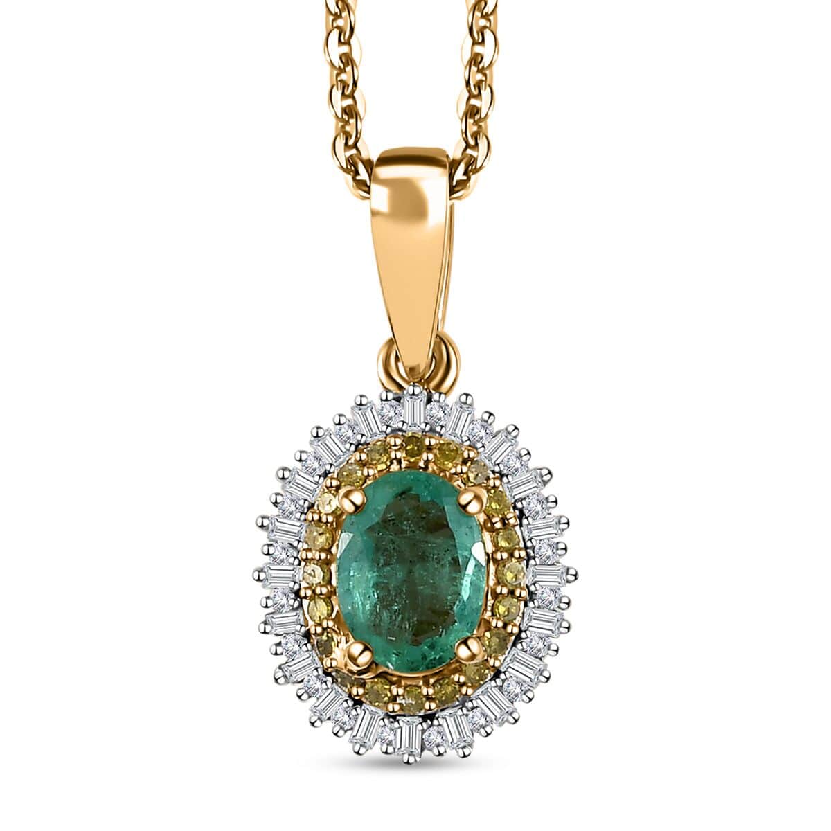 Kagem Zambian Emerald, Yellow and White Diamond Double Halo Pendant Necklace 20 Inches in Vermeil Yellow Gold Over Sterling Silver 1.00 ctw image number 0