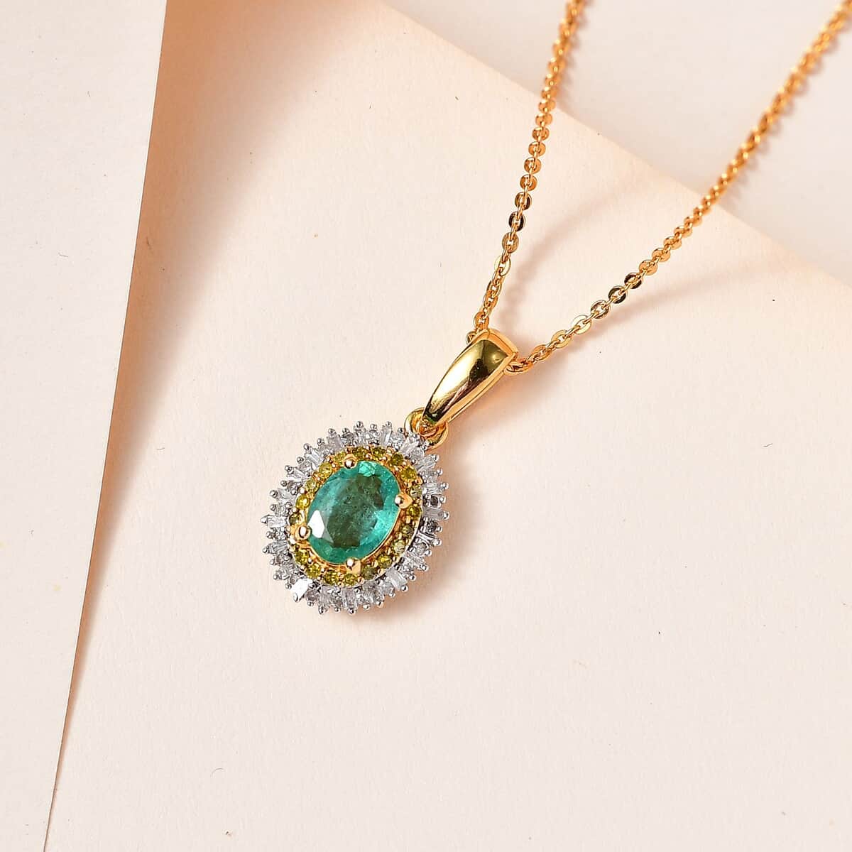 Kagem Zambian Emerald, Yellow and White Diamond Double Halo Pendant Necklace 20 Inches in Vermeil Yellow Gold Over Sterling Silver 1.00 ctw image number 1