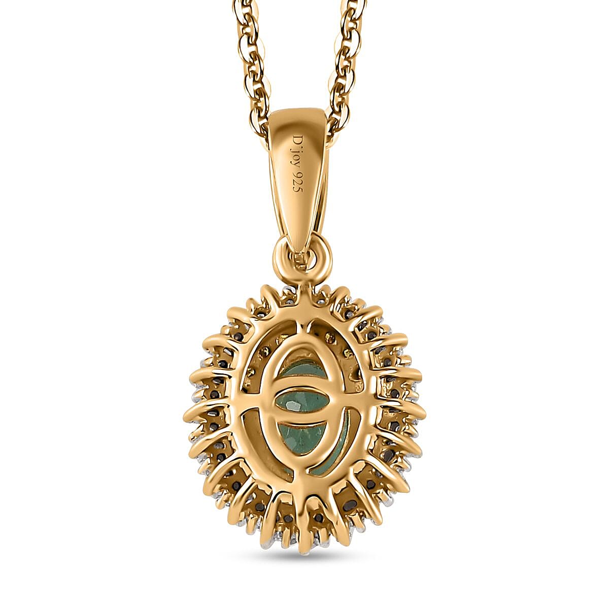 Kagem Zambian Emerald, Yellow and White Diamond Double Halo Pendant Necklace 20 Inches in Vermeil Yellow Gold Over Sterling Silver 1.00 ctw