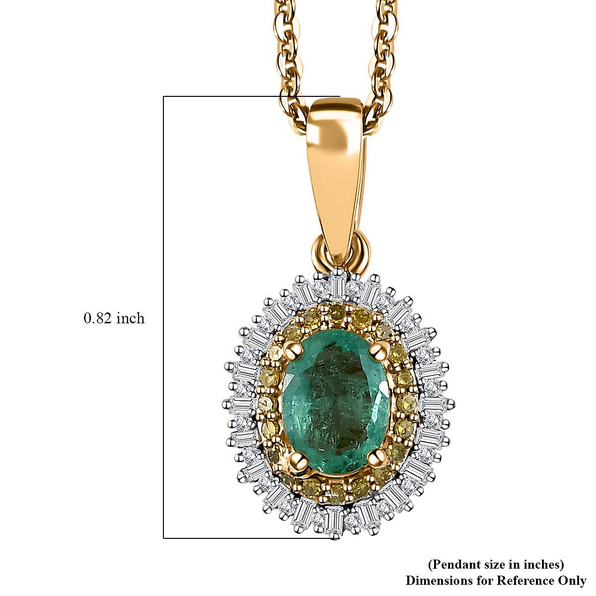 Kagem Zambian Emerald, Yellow and White Diamond Double Halo Pendant Necklace 20 Inches in Vermeil Yellow Gold Over Sterling Silver 1.00 ctw