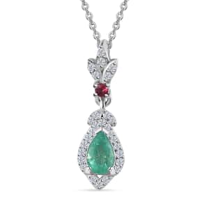 Kagem Zambian Emerald and Multi Gemstone Pendant Necklace 20 Inches in Platinum Over Sterling Silver 0.60 ctw