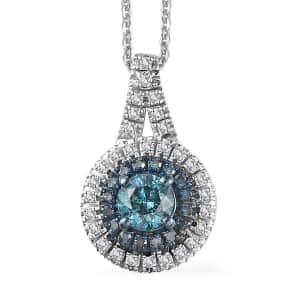Venice Blue Diamond I2-I3 and White Diamond Double Halo Pendant Necklace 20 Inches in Platinum Over Sterling Silver 0.75 ctw