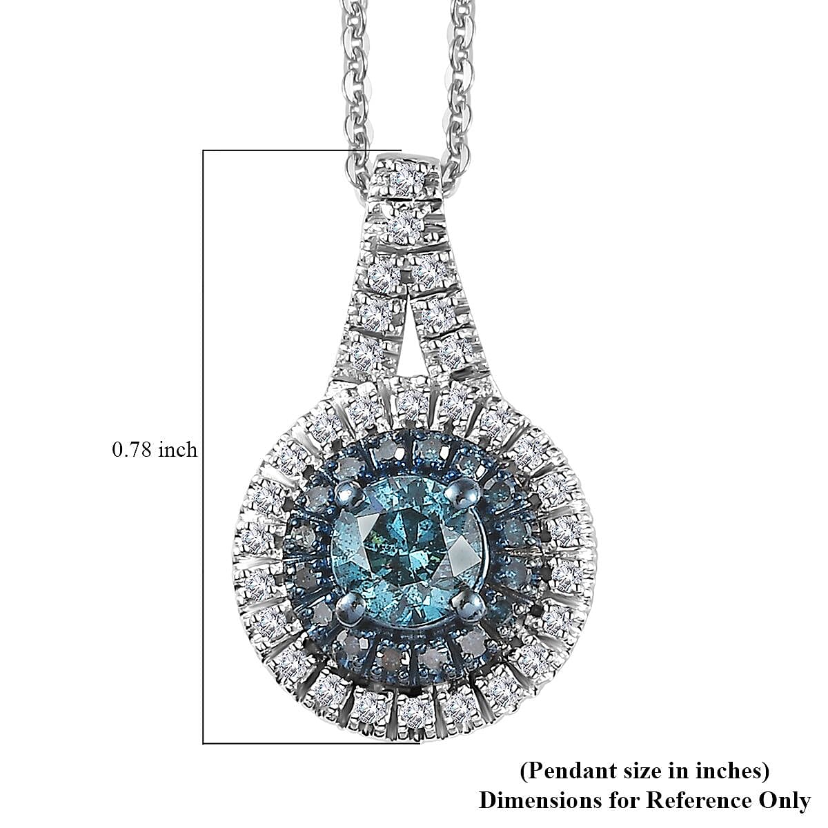Venice Blue Diamond I2-I3 and White Diamond Double Halo Pendant Necklace 20 Inches in Platinum Over Sterling Silver 0.75 ctw