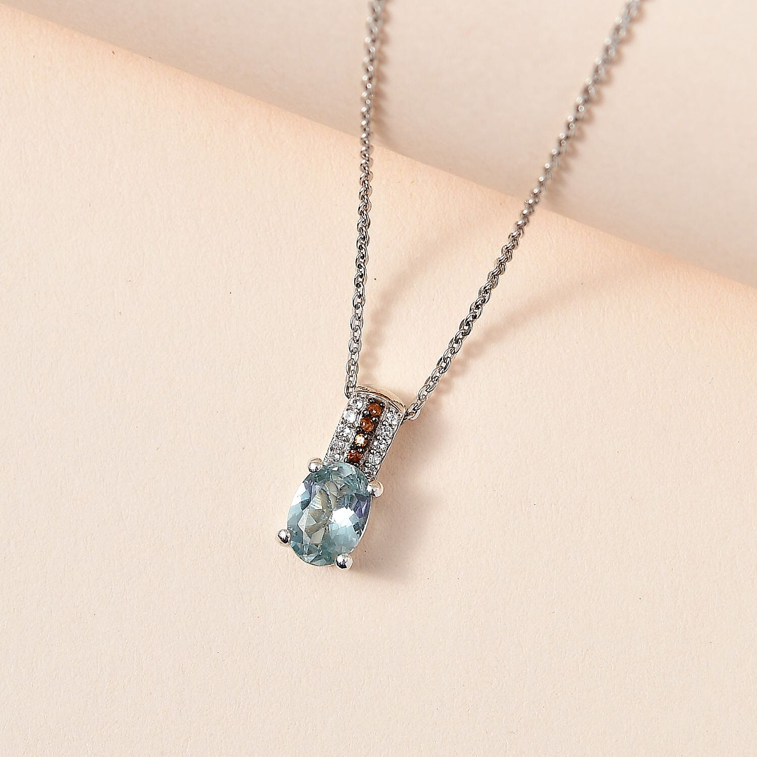 Aqua Kyanite, White and Brown Zircon Pendant Necklace 20 Inches in Platinum Over Sterling Silver 1.00 ctw