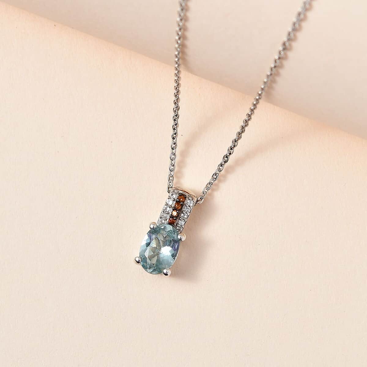 Aqua Kyanite, White and Brown Zircon Pendant Necklace 20 Inches in Platinum Over Sterling Silver 1.00 ctw image number 1