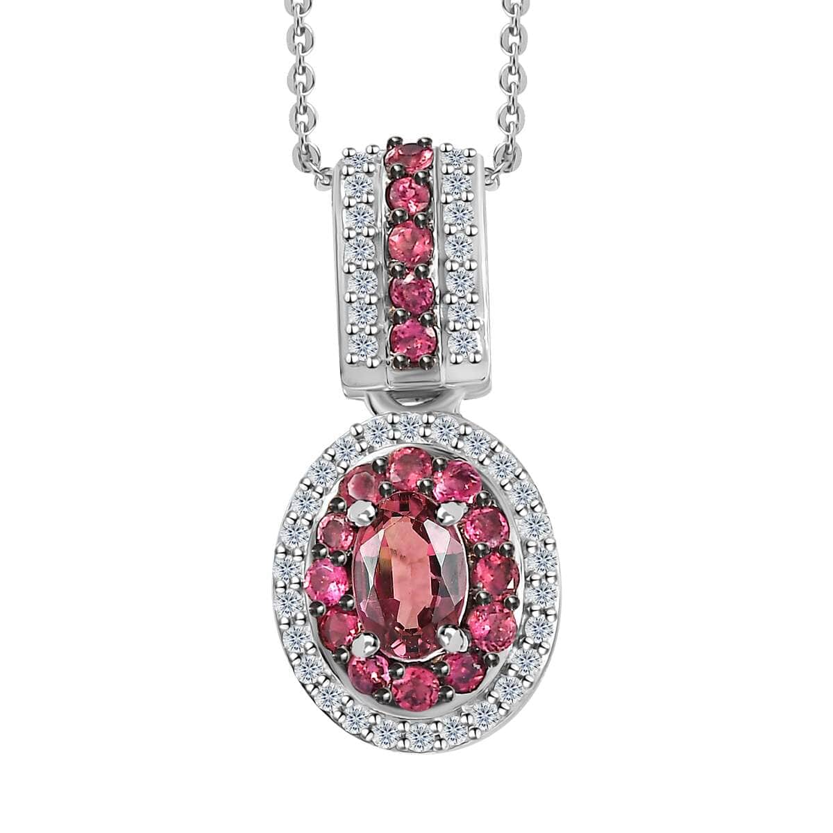 Ouro Fino Rubellite and Moissanite Double Halo Pendant Necklace 20 Inches in Platinum Over Sterling Silver 1.10 ctw image number 0