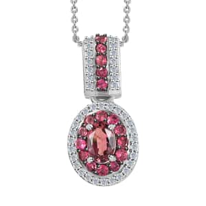 Ouro Fino Rubellite and Moissanite Double Halo Pendant Necklace 20 Inches in Platinum Over Sterling Silver 1.10 ctw