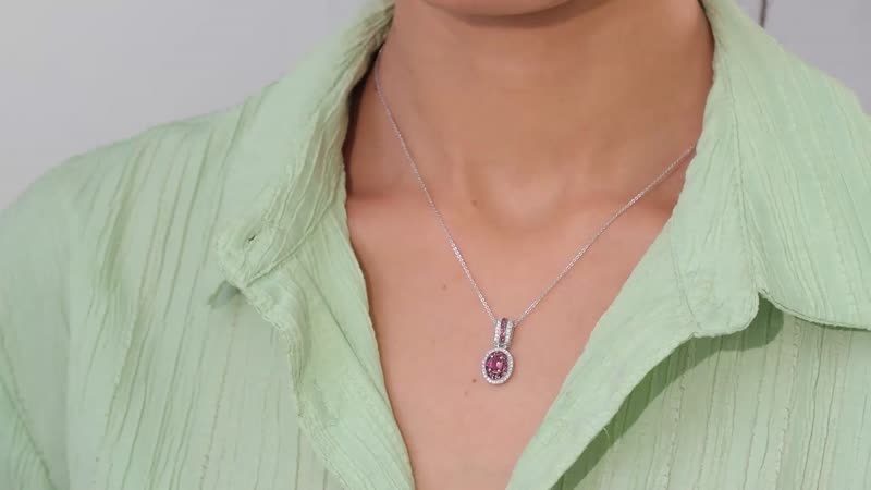Ouro Fino Rubellite and Moissanite Double Halo Pendant Necklace 20 Inches in Platinum Over Sterling Silver 1.25 ctw
