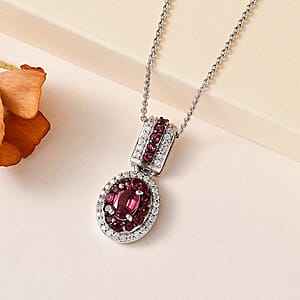Ouro Fino Rubellite and Moissanite Double Halo Pendant Necklace 20 Inches in Platinum Over Sterling Silver 1.10 ctw