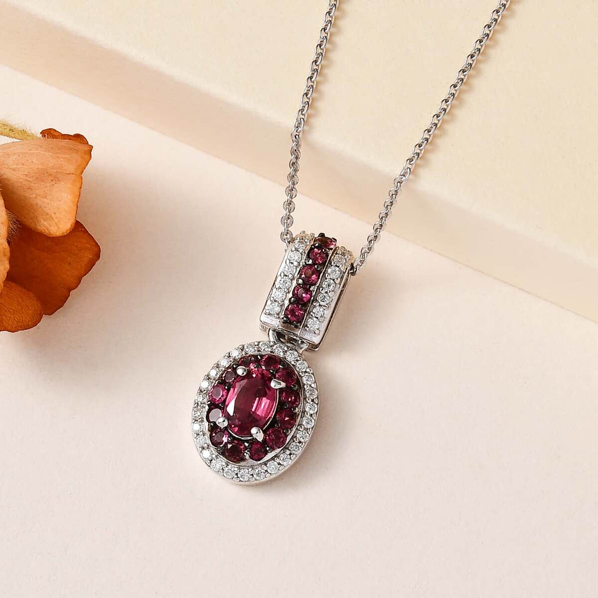 Ouro Fino Rubellite and Moissanite Double Halo Pendant Necklace 20 Inches in Platinum Over Sterling Silver 1.10 ctw image number 1
