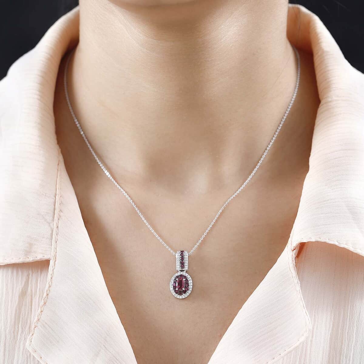 Ouro Fino Rubellite and Moissanite Double Halo Pendant Necklace 20 Inches in Platinum Over Sterling Silver 1.10 ctw image number 2