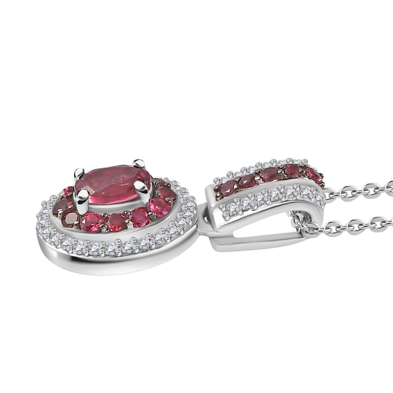 Ouro Fino Rubellite and Moissanite Double Halo Pendant Necklace 20 Inches in Platinum Over Sterling Silver 1.10 ctw