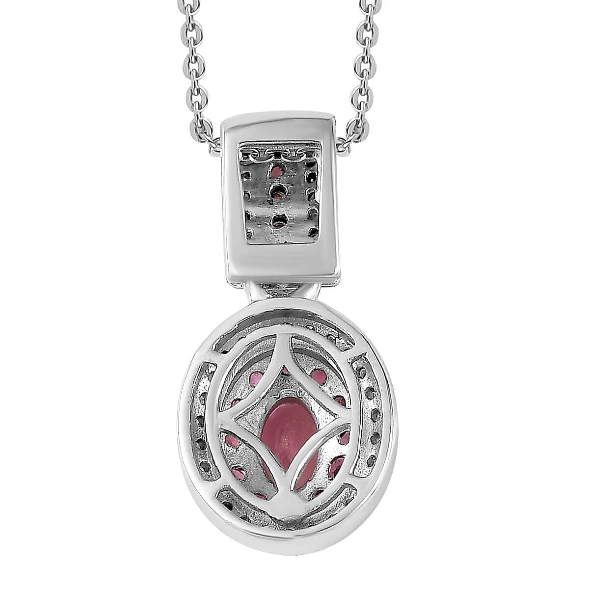 Ouro Fino Rubellite and Moissanite Double Halo Pendant Necklace 20 Inches in Platinum Over Sterling Silver 1.10 ctw
