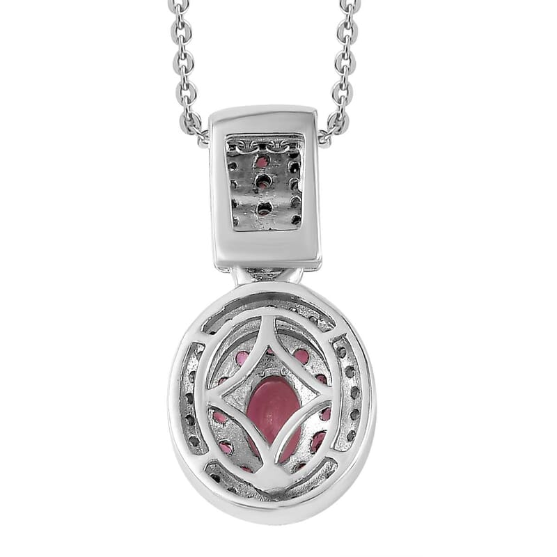 Ouro Fino Rubellite and Moissanite Double Halo Pendant Necklace 20 Inches in Platinum Over Sterling Silver 1.10 ctw