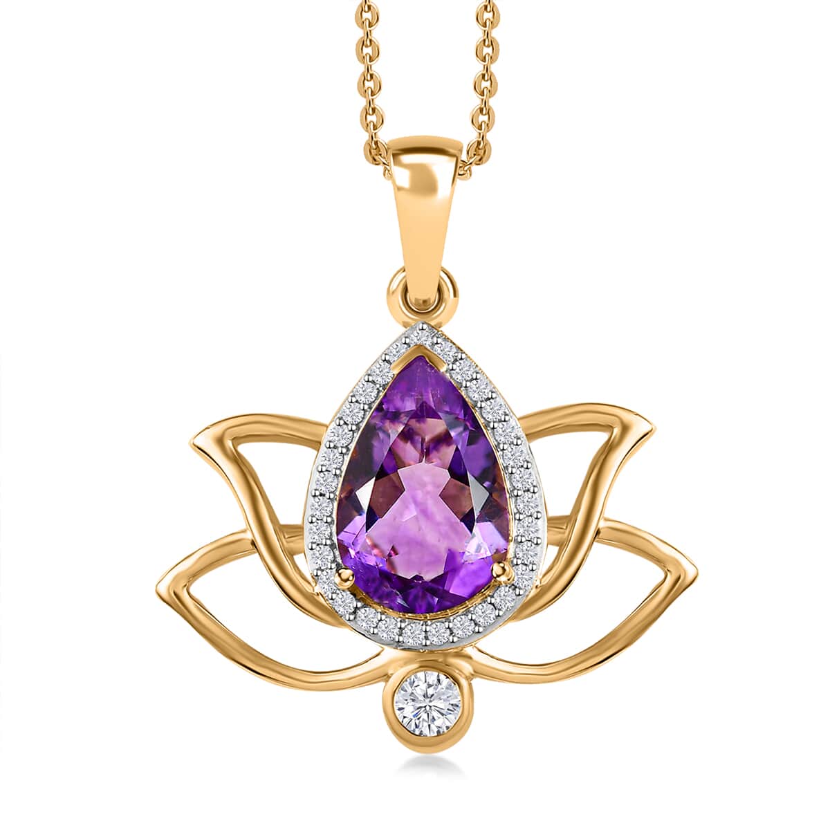 Mother's Day Gift Moroccan Amethyst and Moissanite Lotus Flower Pendant Necklace 20 Inches in Vermeil Yellow Gold Over Sterling Silver 3.15 ctw image number 0