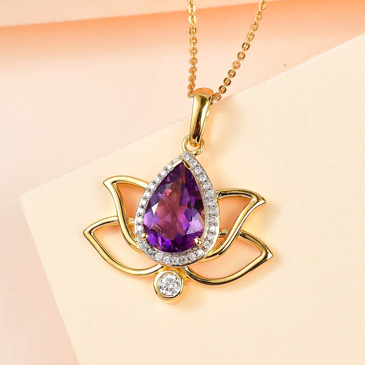 Mother's Day Gift Moroccan Amethyst and Moissanite Lotus Flower Pendant Necklace 20 Inches in Vermeil Yellow Gold Over Sterling Silver 3.15 ctw image number 1