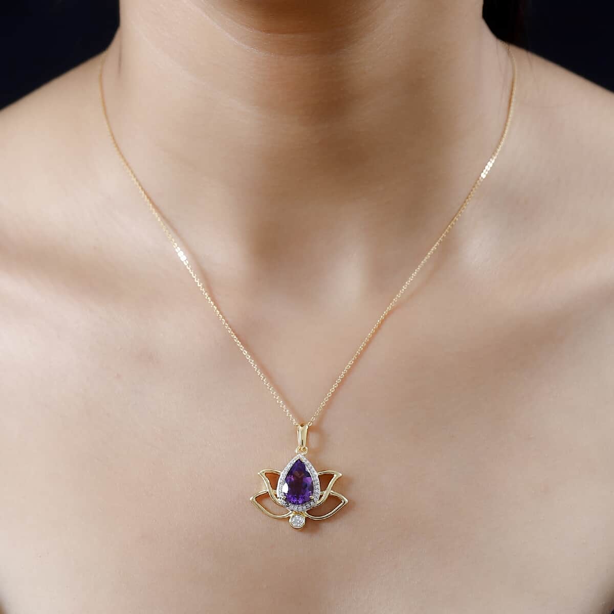 Mother's Day Gift Moroccan Amethyst and Moissanite Lotus Flower Pendant Necklace 20 Inches in Vermeil Yellow Gold Over Sterling Silver 3.15 ctw image number 2