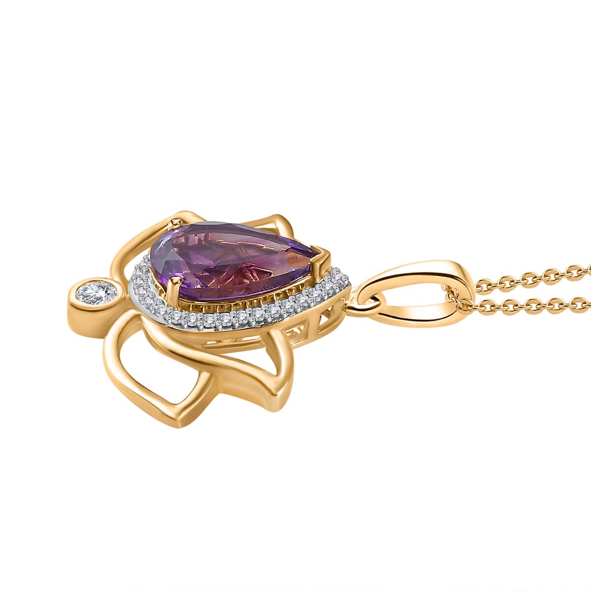 Mother's Day Gift Moroccan Amethyst and Moissanite Lotus Flower Pendant Necklace 20 Inches in Vermeil Yellow Gold Over Sterling Silver 3.15 ctw image number 3