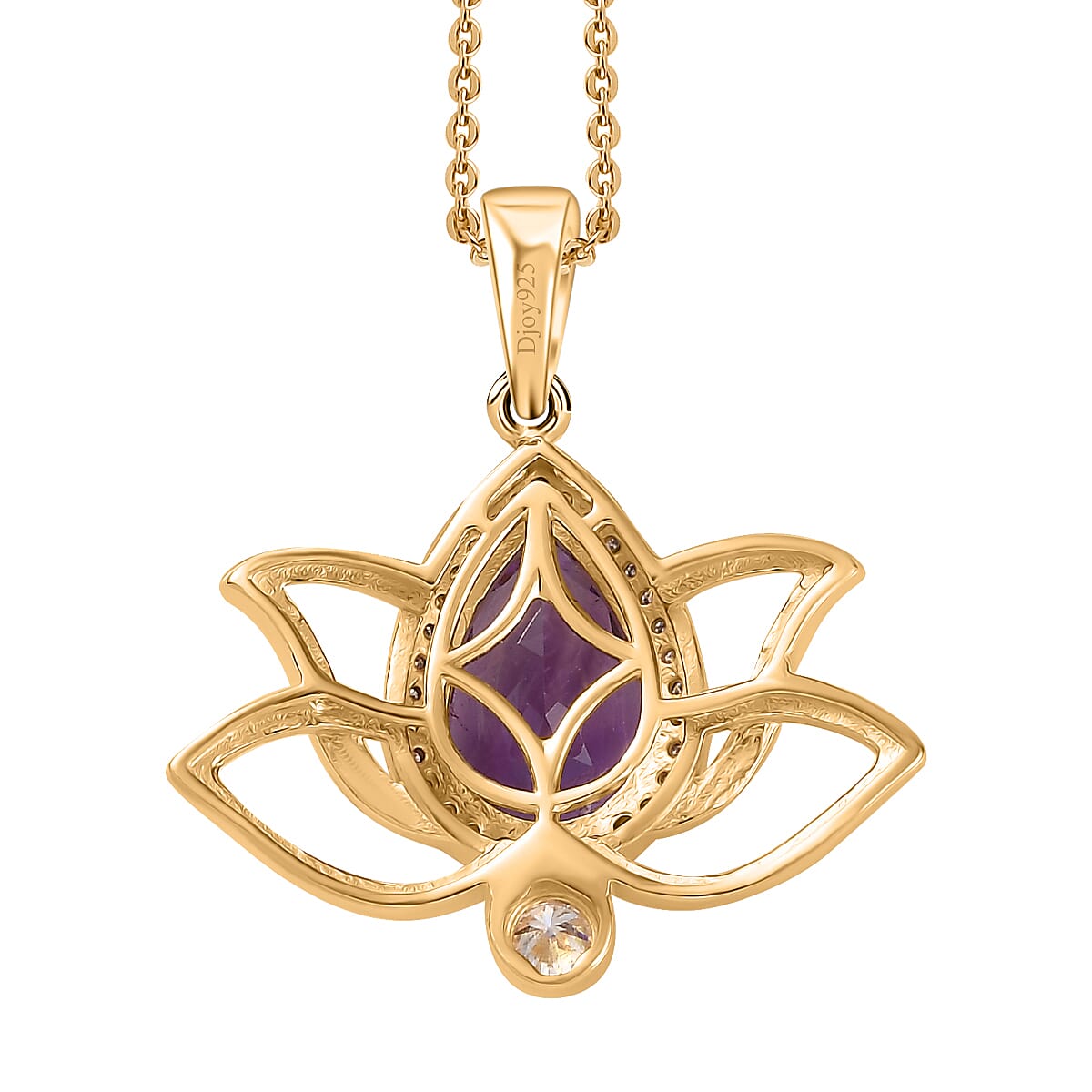 Moroccan Amethyst and Moissanite Lotus Flower Pendant Necklace 20 Inches in Vermeil Yellow Gold Over Sterling Silver 3.15 ctw