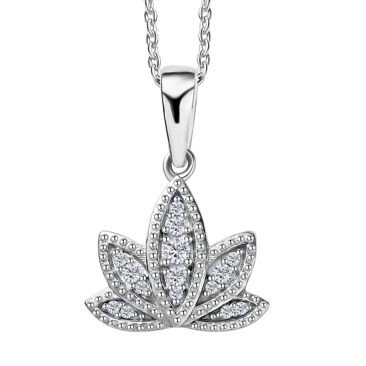 Moissanite Lotus Pendant Necklace 20 Inches in Platinum Over Sterling Silver 0.20 ctw image number 0