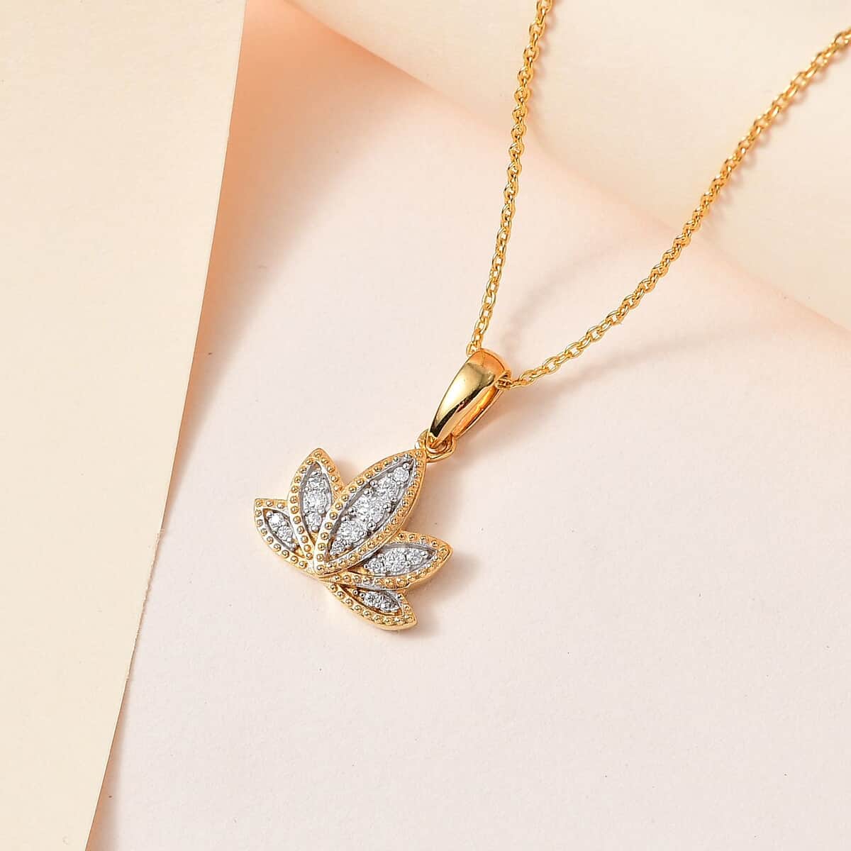 Moissanite Lotus Flower Pendant Necklace 20 Inches in Vermeil Yellow Gold Over Sterling Silver 0.20 ctw image number 1