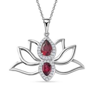 Orissa Rhodolite Garnet and Moissanite Lotus Flower Pendant Necklace 20 Inches in Platinum Over Sterling Silver 1.65 ctw