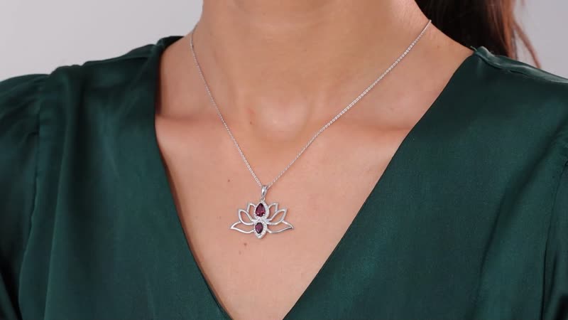 Orissa Rhodolite Garnet and Moissanite Lotus Flower Pendant Necklace 20 Inches in Platinum Over Sterling Silver 1.65 ctw
