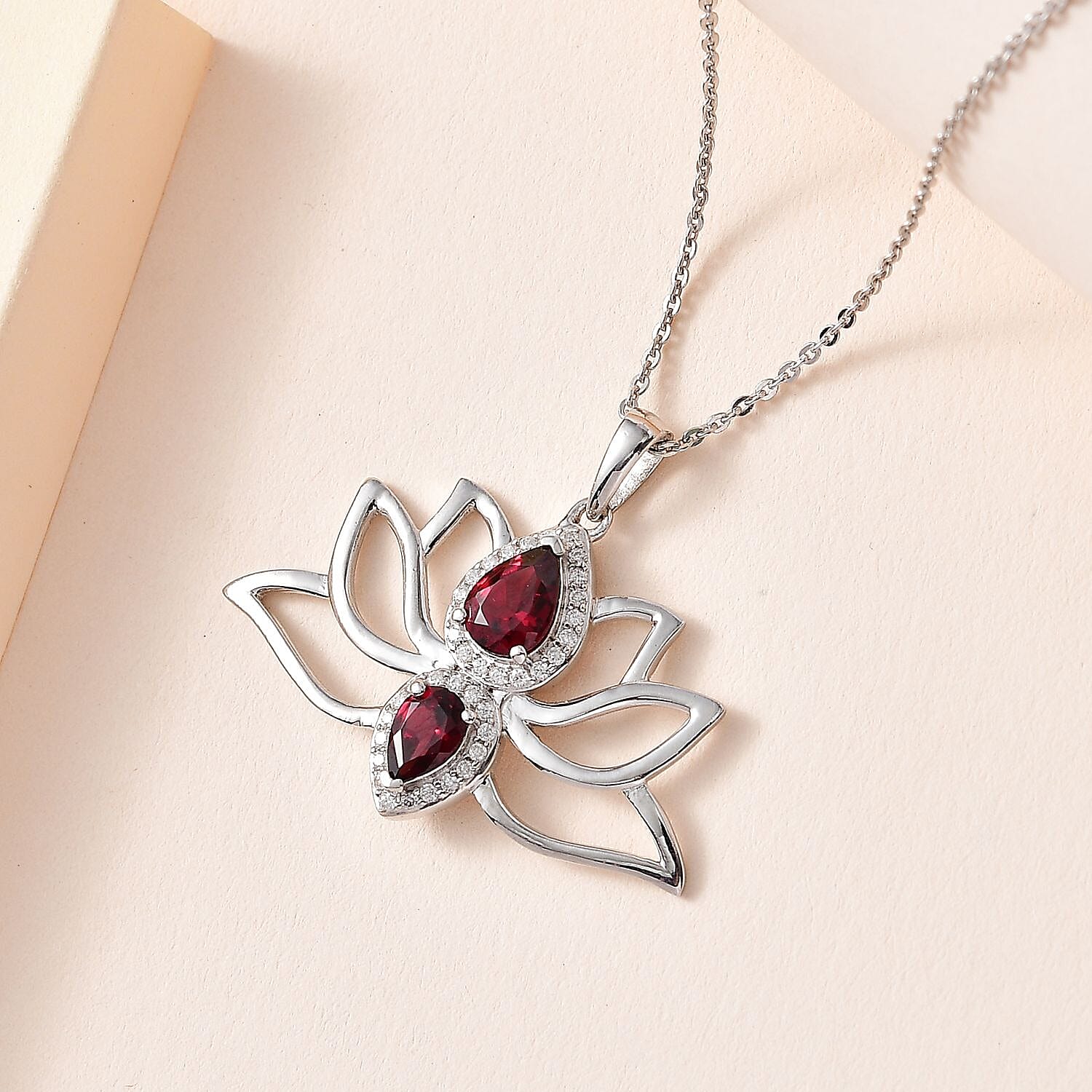 Orissa Rhodolite Garnet and Moissanite Lotus Flower Pendant Necklace 20 Inches in Platinum Over Sterling Silver 1.65 ctw