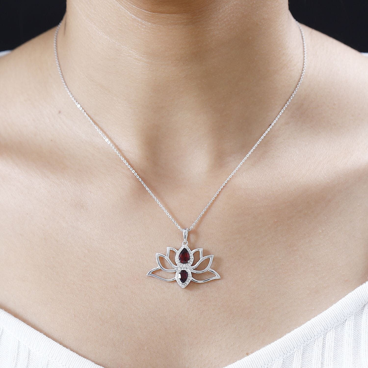 Orissa Rhodolite Garnet and Moissanite Lotus Flower Pendant Necklace 20 Inches in Platinum Over Sterling Silver 1.65 ctw
