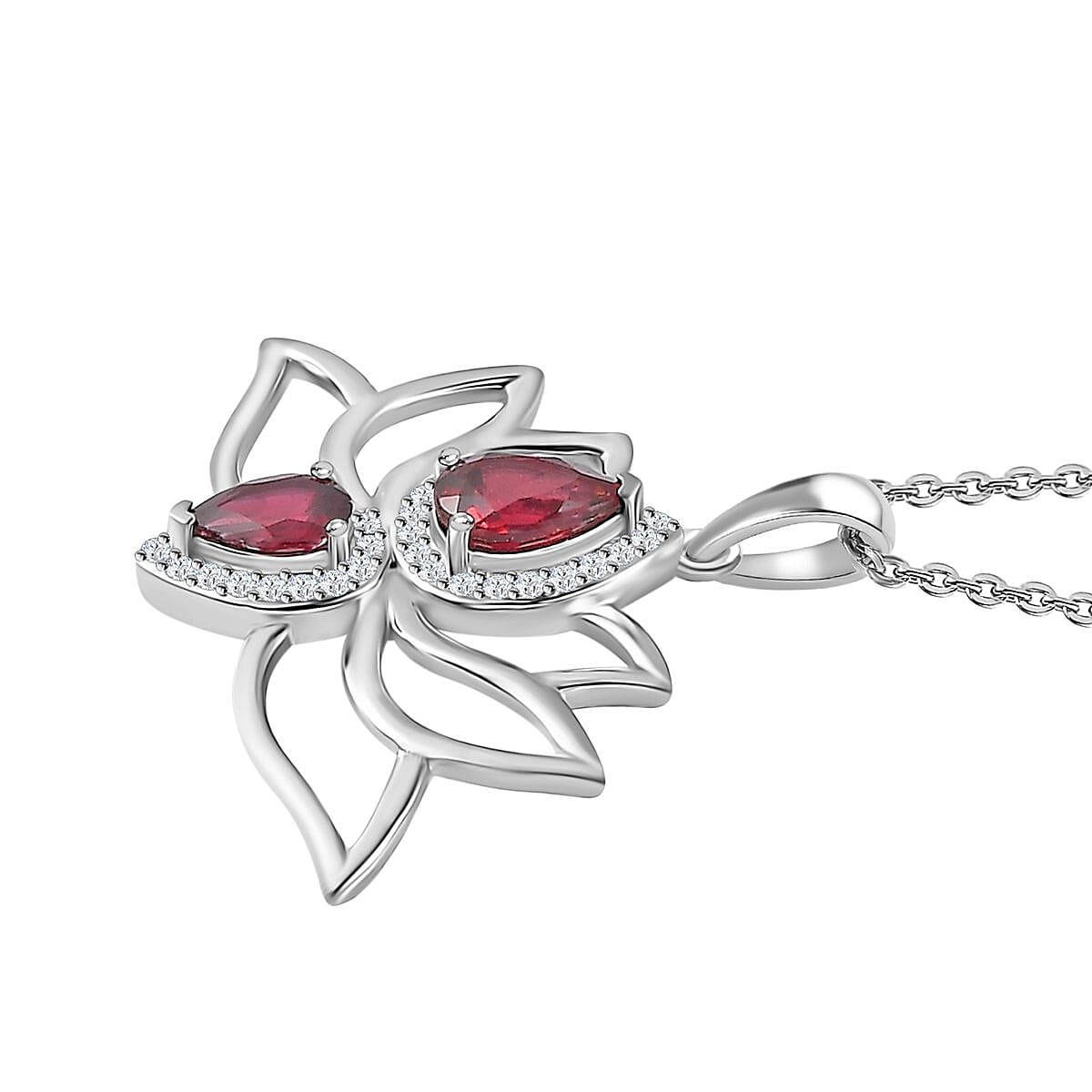 Orissa Rhodolite Garnet and Moissanite Lotus Flower Pendant Necklace 20 Inches in Platinum Over Sterling Silver 1.65 ctw