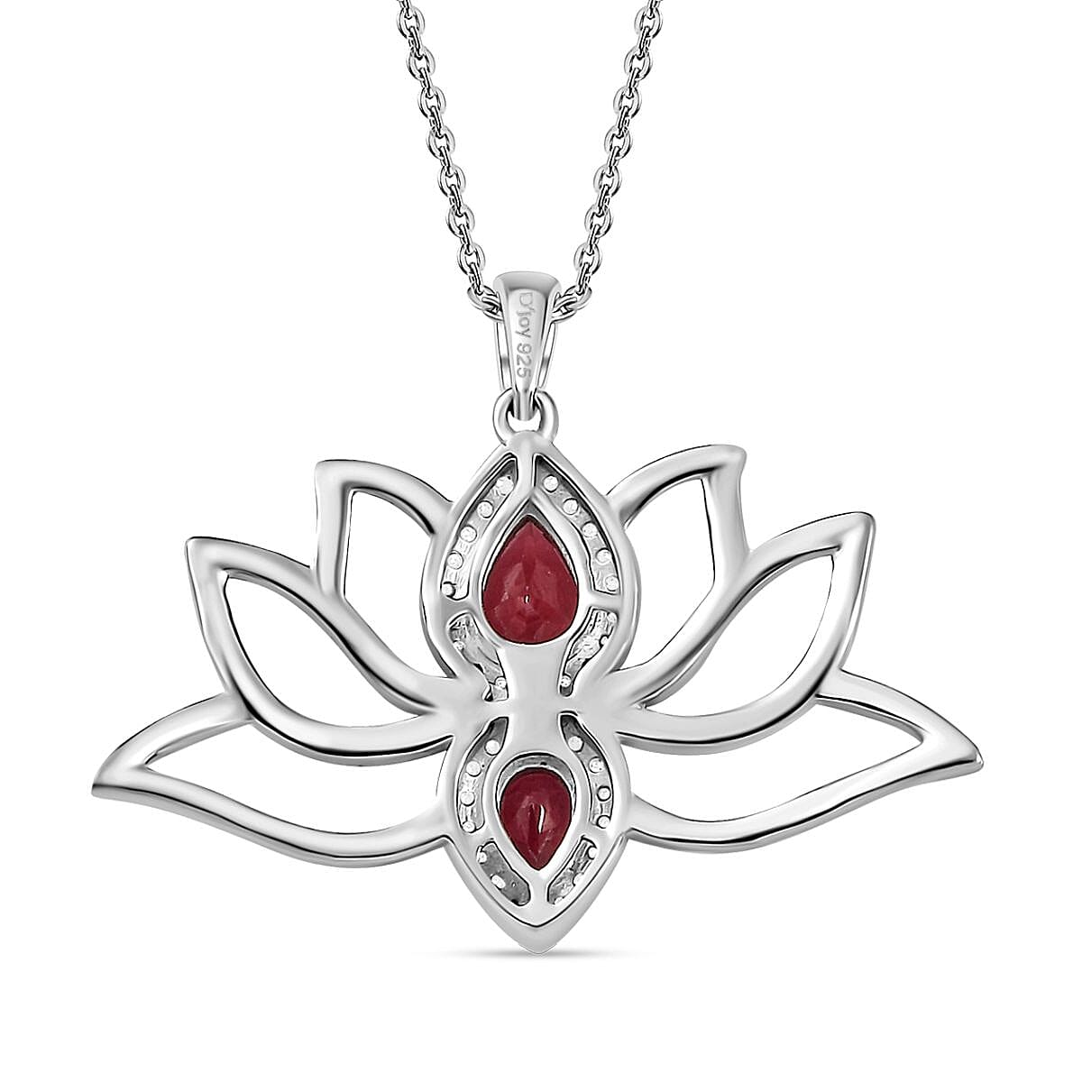 Orissa Rhodolite Garnet and Moissanite Lotus Flower Pendant Necklace 20 Inches in Platinum Over Sterling Silver 1.65 ctw
