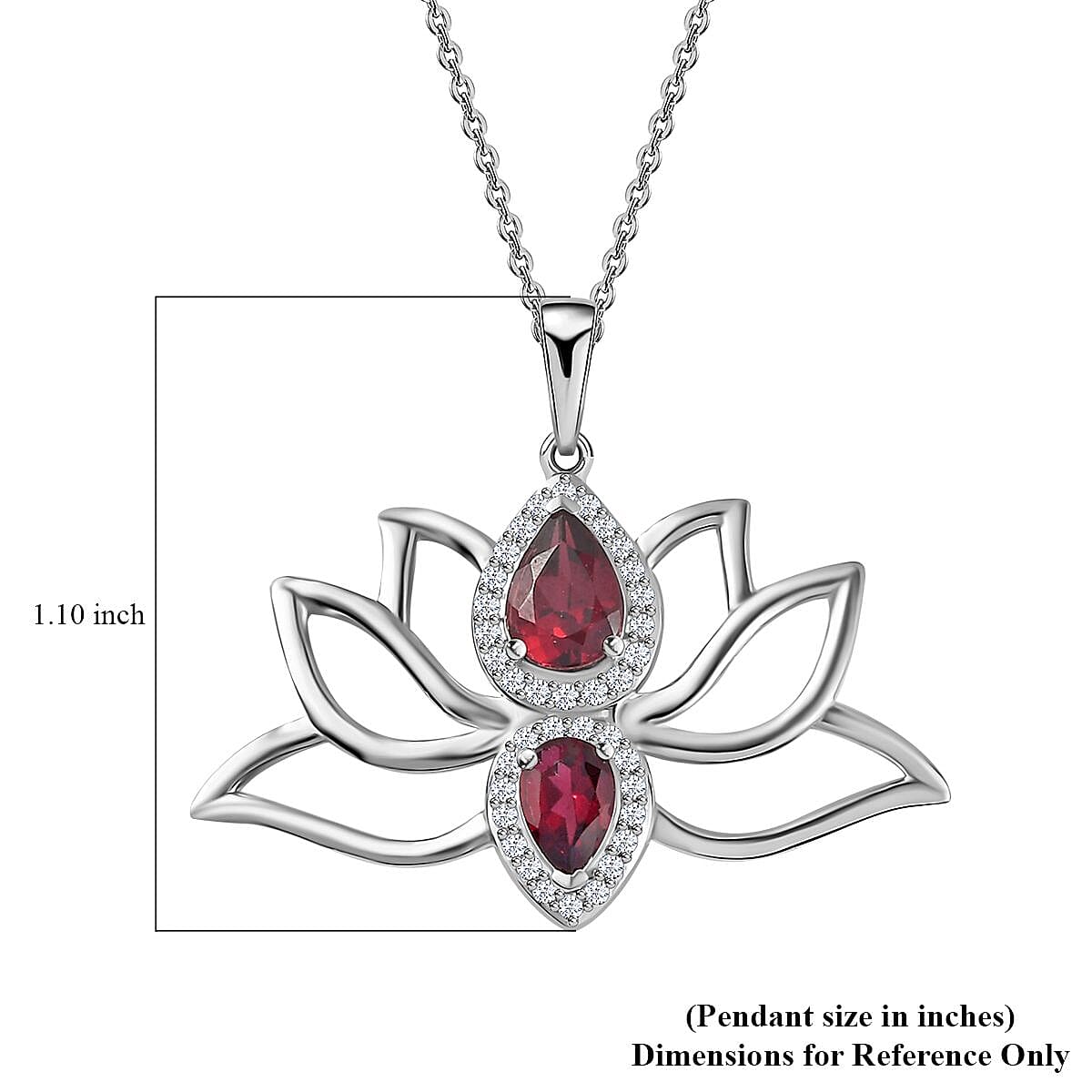 Orissa Rhodolite Garnet and Moissanite Lotus Flower Pendant Necklace 20 Inches in Platinum Over Sterling Silver 1.65 ctw