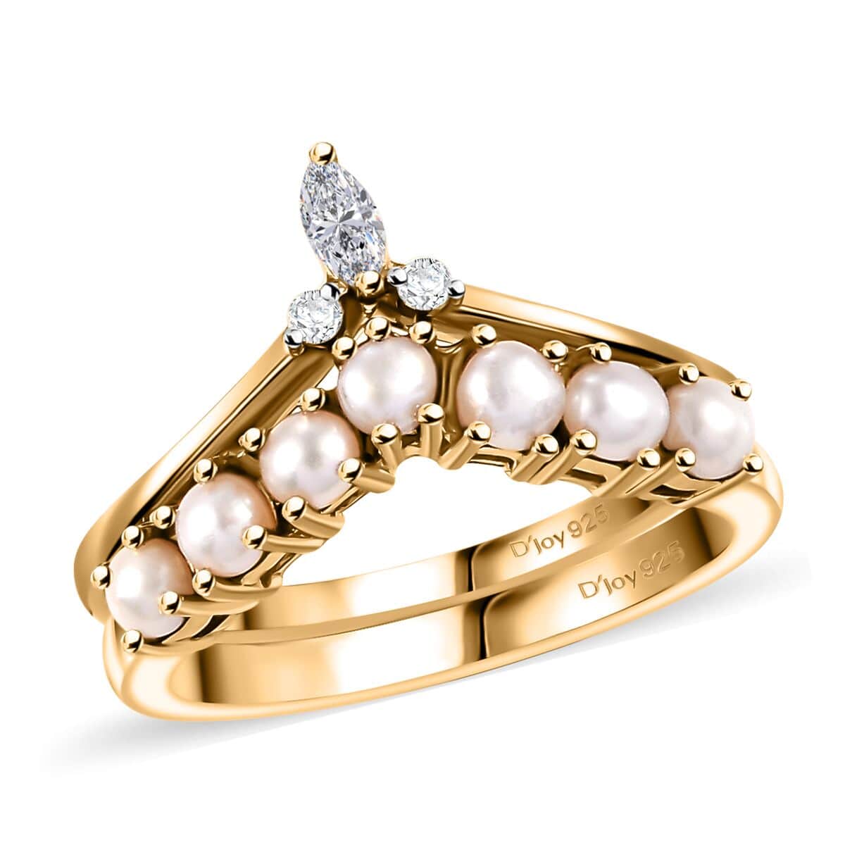 Freshwater Pearl and Moissanite 0.10 ctw Set of 2 Stackable Ring in Vermeil Yellow Gold Over Sterling Silver (Size 10.0) image number 0