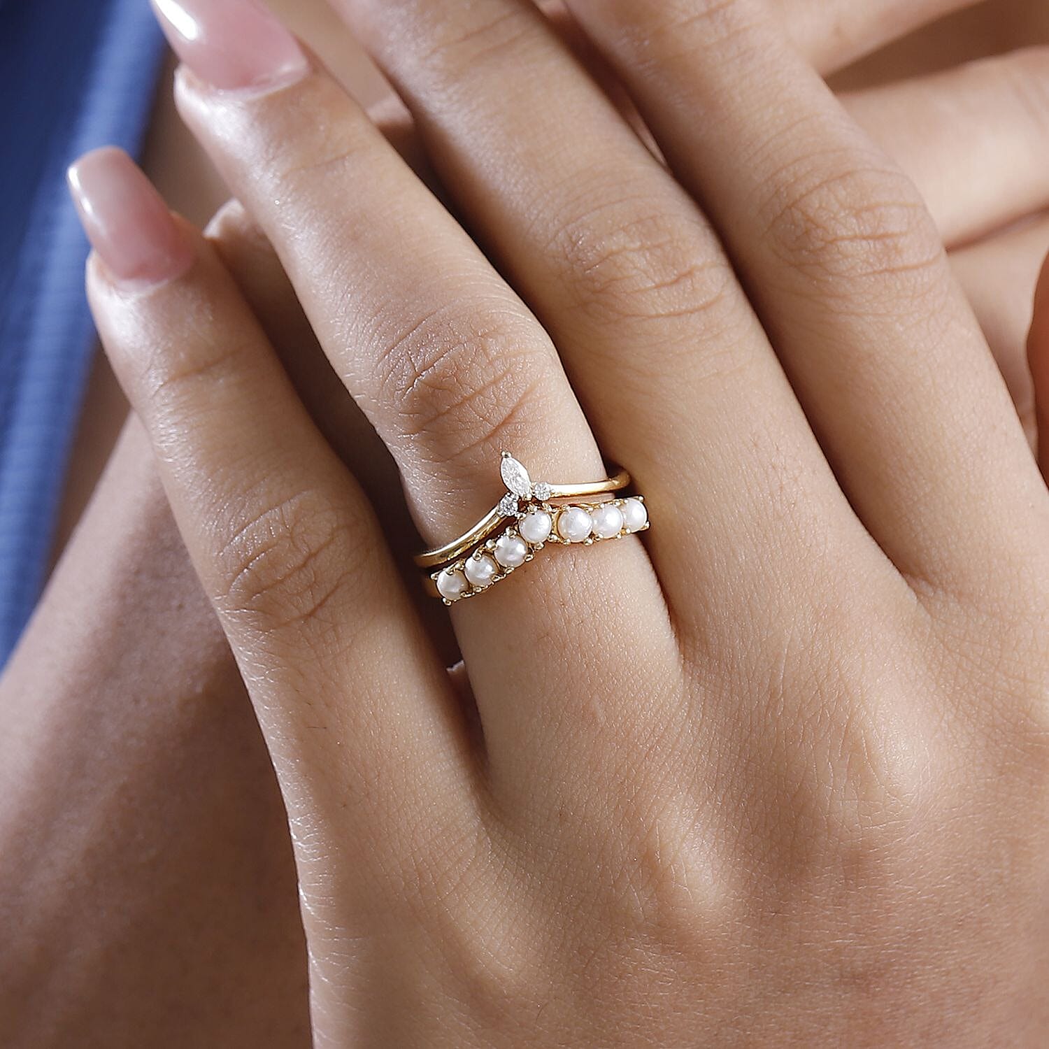Freshwater Pearl and Moissanite 0.10 ctw Set of 2 Stackable Ring in Vermeil Yellow Gold Over Sterling Silver (Size 10.0)
