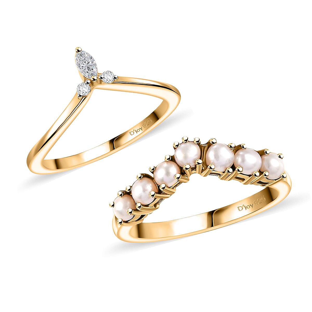 Freshwater Pearl and Moissanite 0.10 ctw Set of 2 Stackable Ring in Vermeil Yellow Gold Over Sterling Silver (Size 10.0)
